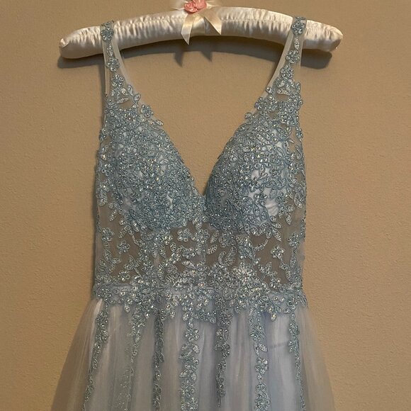 Blonde Nights, Size 0, Baby Blue, Sequin, Sheer Waist, Tully Corset Prom Gown. - Picture 1 of 13